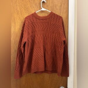 Time and Tru Rust Orange Patchwork Cable Knit Crewneck Sweater